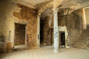 Fototapeta na wymiar interior of the old ruined Lebanese luxury hotel Kassouf in Dhour Choueir