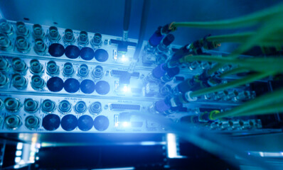 Optic fiber TV cables connected to data center. 
