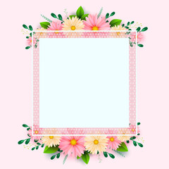 Mother s Day greeting card with square frame and paper cut flowers on colorful background. Vector illustration.