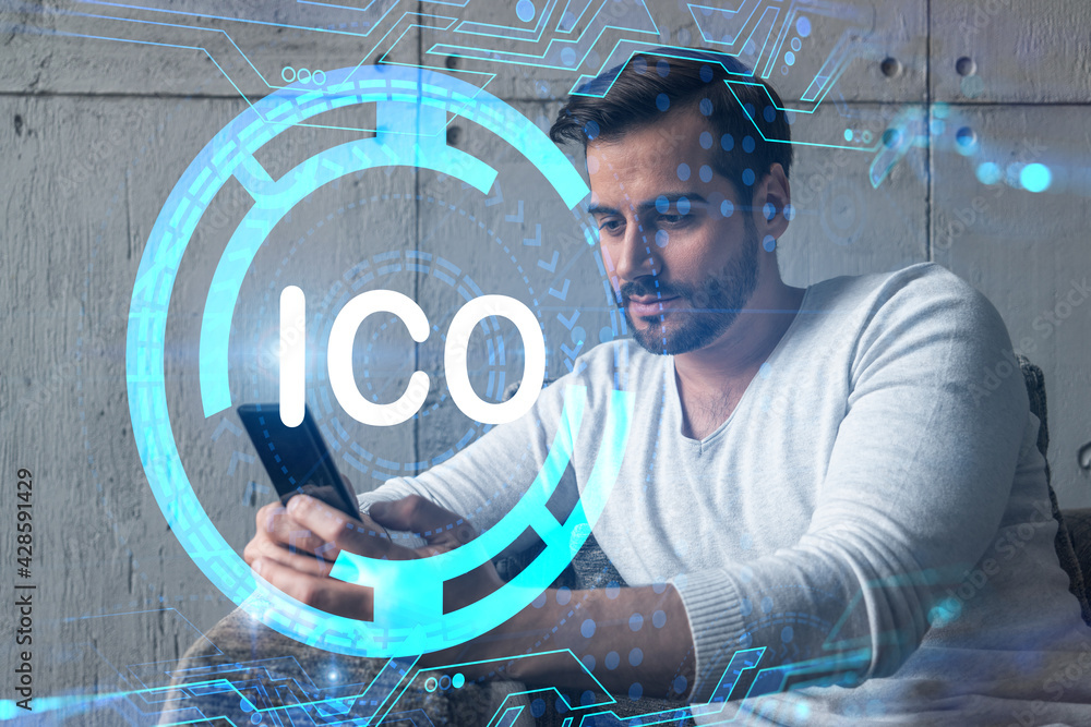 Poster a man using smart phone. double exposure. ico symbol hologram. initail coin offering concept. blockc