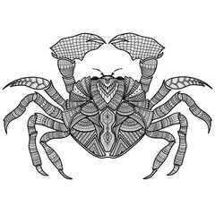 Hand drawn zentangle crab for coloring book adult, tattoo