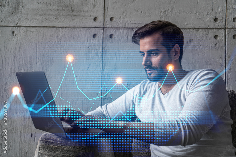 Poster a serious caucasian analyst in casual wears, using laptop to proceed the forecast of behavioral stat