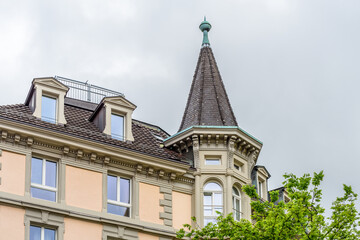 View of historic Zurich city center  on a cloudy day in summer, Canton of Zurich, Switzerland.