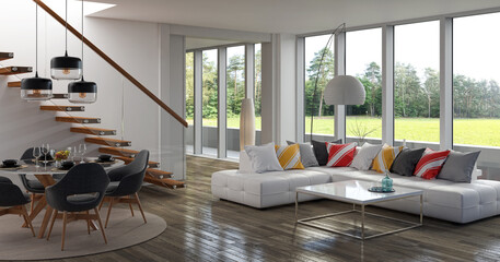 Illustration 3D rendering large luxury modern bright interiors Living room mockup computer digitally generated image