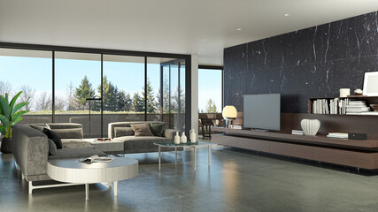 Illustration 3D rendering large luxury modern bright interiors Living room mockup computer digitally generated image