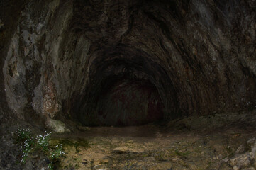 View into the entrance of a dark, tunnel-like cave in the Plitvitzer National Park.