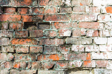 An old brick wall painted white with an abstract pattern of cracked paint Background
