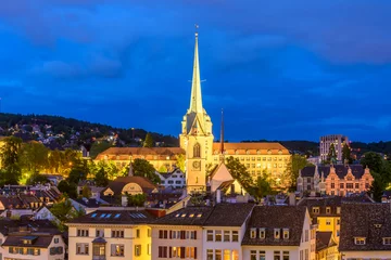 Deurstickers Night view of historic Zurich city center on summer, Canton of Zurich, Switzerland. © karamysh