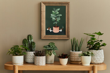 Stylish composition of home garden interior with mock up poster frame, filled a lot of beautiful...