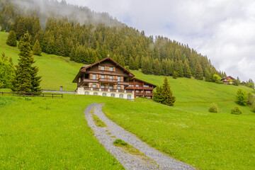 Beautiful Swiss mountain valley landscape with a house.