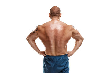 Male bodybuilder isolated on white background. Fitness workout concept, muscle groups, watch your...