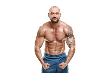 Fototapeta na wymiar Male bodybuilder isolated on white background. Fitness workout concept, muscle groups, watch your body.