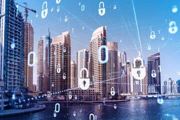 Skyscrapers of Dubai business downtown. International hub of trading and financial services. Lock...