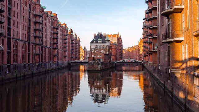 Day Hyper Lapse of Sunrise in Harbor District, Hamburg, Germany