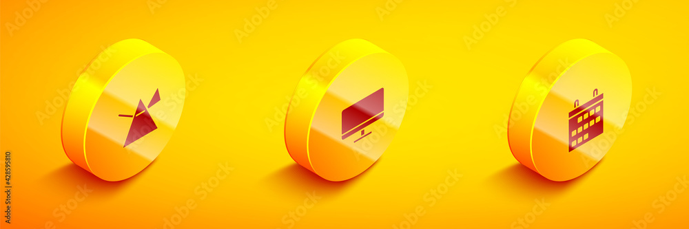 Poster set isometric light rays in prism, computer monitor screen and calendar icon. vector