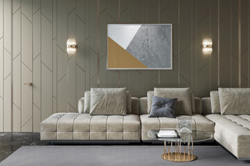 A dark living room with a door, two sconces on wall panels, a horizontal poster over a large sofa, a coffee table with a glass top, a gray carpet on a marble floor. 3d render