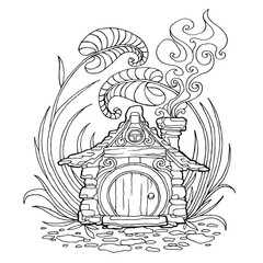 Fairy-tale house black and white vector hand-drawn outline. Coloring Book for adults and children. Illustration for coloring, for greeting cards, posters, design.