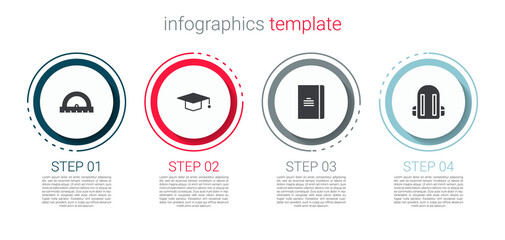 Set Protractor, Graduation cap, Spiral notebook and School backpack. Business infographic template. Vector