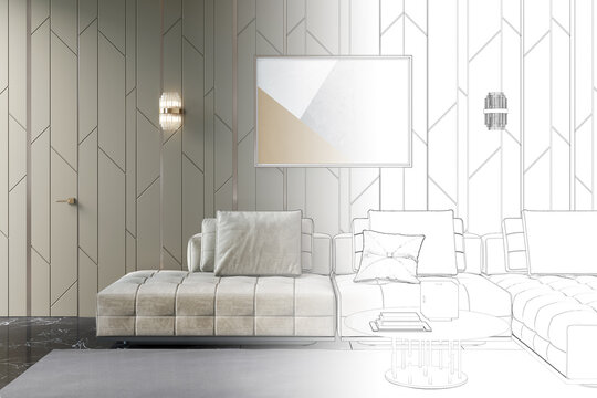 The Sketch Becomes A Real Dark Living Room With A Door, Two Sconces On Wall Panels, A Horizontal Poster Over A Large Sofa, A Coffee Table With A Glass Top, A Gray Carpet On A Marble Floor. 3d Render