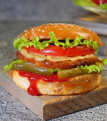 hamburger on a wooden table