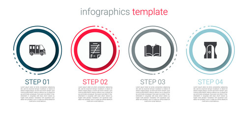 Set School Bus, Exam paper with incorrect answers, Open book and Pencil sharpener. Business infographic template. Vector