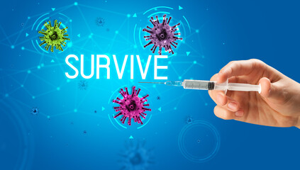 Syringe, medical injection in hand, coronavirus vaccine concept