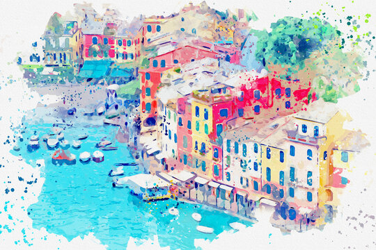 Watercolor drawing picture of portofino coast beautiful town at Italy.