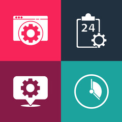 Set pop art Time Management, Location with gear, Checklist 24 hours service and Browser setting icon. Vector