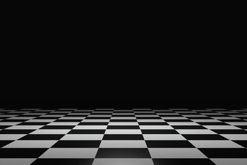 Checkered pattern flooring and abstract product background on dark room pedestal or stage podium with backdrops display. 3D rendering.