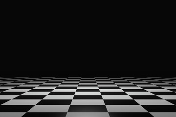 Naklejka premium Checkered pattern flooring and abstract product background on dark room pedestal or stage podium with backdrops display. 3D rendering.