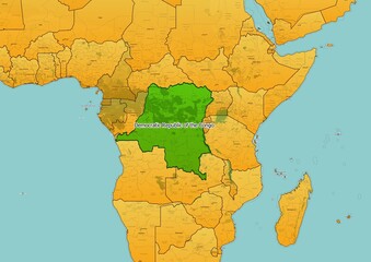Democratic Republic of the Congo map showing country highlighted in green color with rest of African countries in brown