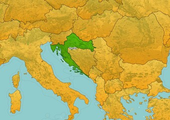 Croatia map showing country highlighted in green color with rest of European countries in brown