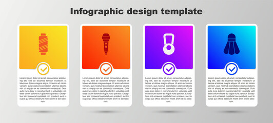 Set Sewing thread on spool, Microphone, Kettlebell and Badminton shuttlecock. Business infographic template. Vector