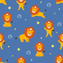 Cute seamless pattern with sitting, running, jumping baby lions on night blue background