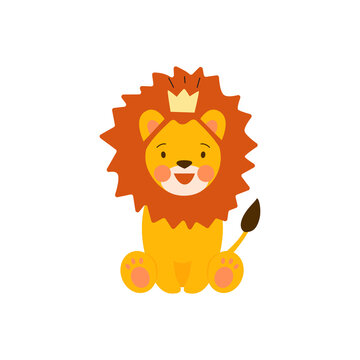 Little baby lion king with crown sitting on isolated white background