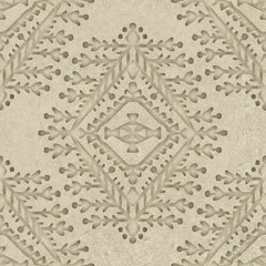 Seamless embossed paper texture for print. High quality illustration. Beige taupe or tan paper texture with embossed abstract ethnic tribal design overlay. Seamless repeat raster jpg pattern swatch.
