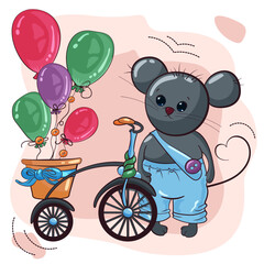 Cute little mouse with bike and balloons, cartoon hand drawn vector illustration