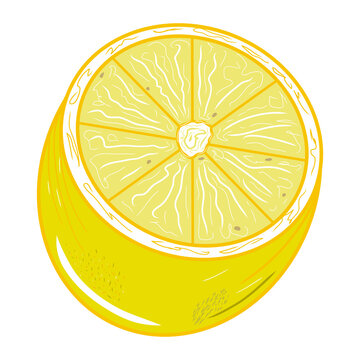 A half of yellow limon icon. Creative illustration. Colorful sketch. Idea for decors, logo, patterns, papers, covers, gifts, summer and spring holidays, organic food themes. Isolated vector art.