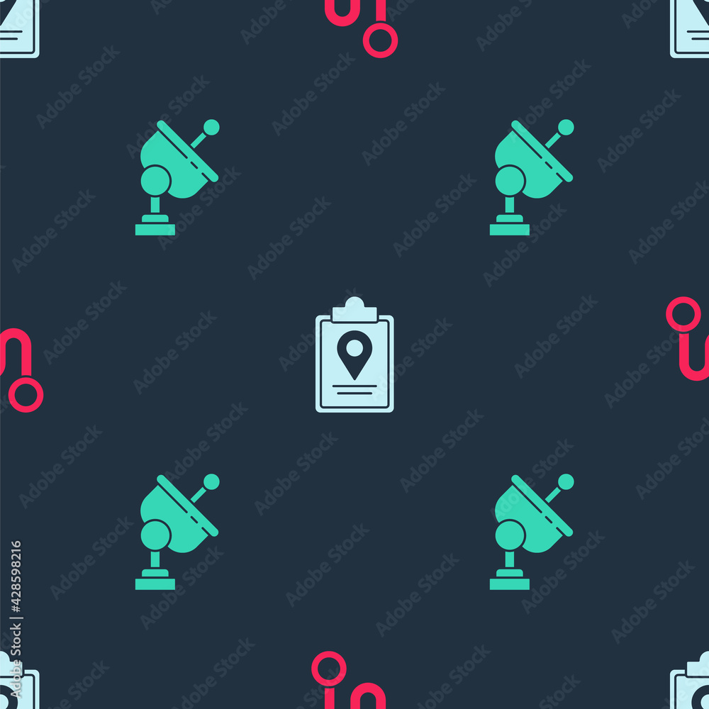 Poster set route location, folded map with marker and radar on seamless pattern. vector