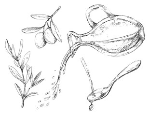 Olive oil pouring from bottle and graphic elements