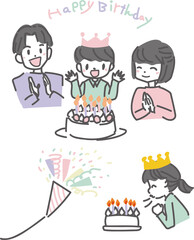 誕生日をお祝いする家族のイラスト