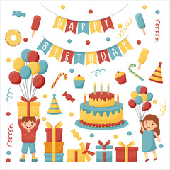 Cartoon birthday party decorations. Gifts presents, sweet cupcakes and celebration cake. Colorful balloons, carnival celebration food and candy. Isolated vector illustration icons set. 