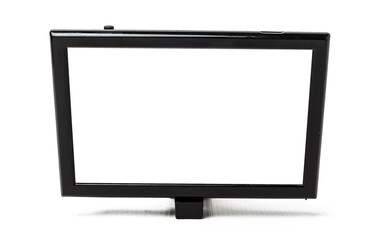 Touchscreen monitor for displaying navigation, rear view camera and car multimedia on a white isolated background. Audio and video electronics for transport
