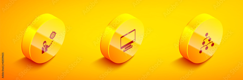 Poster set isometric marketing target strategy, computer monitor and hierarchy organogram chart icon. vecto