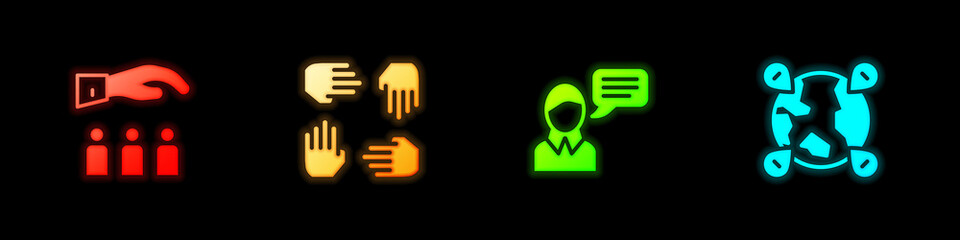 Set Boss with employee, Project team base, Speech bubble chat and Location on the globe icon. Vector