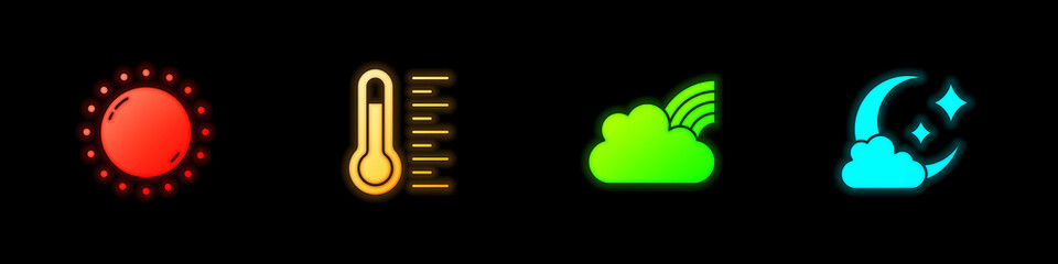 Set Sun, Meteorology thermometer, Rainbow with clouds and Cloud moon icon. Vector