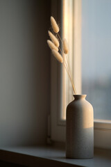 Vase of fluffy dried flowers on window sill at sunset. Scandinavian style home decor.