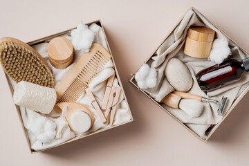 Beauty boxes with natural SPA cosmetics. Body care, hair care concept. Eco-friendly, zero waste packaging. Flat lay, top view.