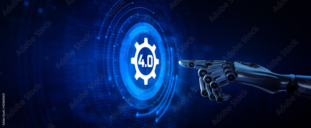 Poster industry 4.0 smart manufacturing lean business innovation technology concept. robot hand pressing bu