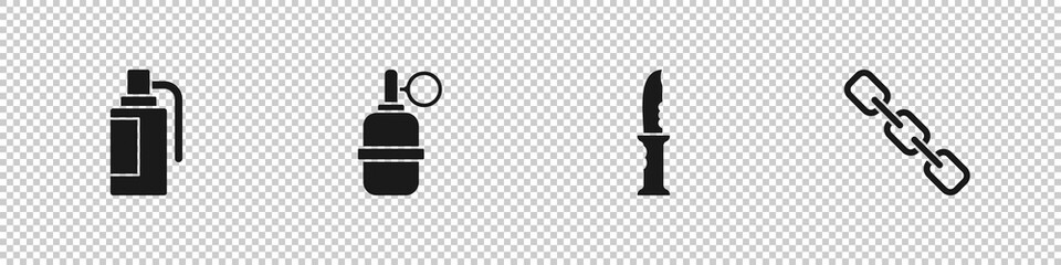 Set Hand grenade, , Military knife and Chain link icon. Vector